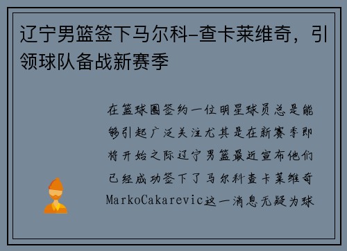 辽宁男篮签下马尔科-查卡莱维奇，引领球队备战新赛季