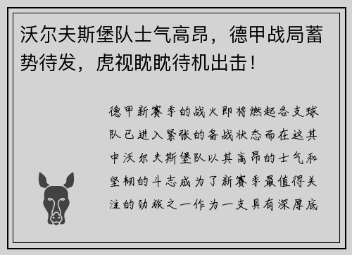 沃尔夫斯堡队士气高昂，德甲战局蓄势待发，虎视眈眈待机出击！